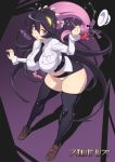 1girl black_thighhighs bouncing_breasts breasts commentary_request extra_mouth filia_(skullgirls) grabbing huge_breasts impossible_clothes impossible_shirt large_breasts legs long_hair long_tongue miniskirt necktie panties prehensile_hair red_eyes saliva samson_(skullgirls) shirt skirt skullgirls solo tentacles thick_thighs thighhighs thighs tongue underwear uno_makoto very_long_hair