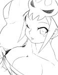  1girl bad_id bare_shoulders breasts cerebella_(skullgirls) cleavage collarbone downblouse dress_pull facial_tattoo hat large_breasts lineart living_clothes monochrome nipples one_eye_closed open_mouth skull skullgirls smile solo tattoo tsukudani_(coke-buta) vice-versa_(skullgirls) wink 