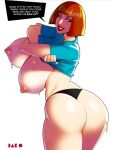  1girl areola ass big_ass big_breasts blue_eyes breasts bubble_butt caption caucasian clothed curvy danny_phantom dat_ass dialogue exposed_breasts from_behind huge_breasts jacogram legs lipstick looking_at_viewer looking_back madeline_fenton milf nipples no_bra orange_hair parted_lips pawg posing presenting round_ass sexy shirt shirt_lift shirt_up sideboob slut standing sweat sweating text thick_thighs thong wet wide_hips 