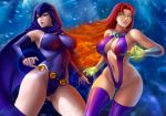  2_girls armband big_breasts breasts busty cape caucasian cleavage dc_comics fire flowerxl green_eyes hips hood leotard raven_(dc) red_hair revealing_clothes sexy sling_bikini slut starfire stockings teen_titans thighhighs thighs thong_leotard 