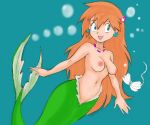  1girl 6:5 accessory alternate_species animal_humanoid areola blue_eyes bra breasts bubble clothing discarded_clothing ear_piercing eyebrows eyelashes female fish fish_humanoid fluffy_(artist) green_background green_body green_scales green_tail gym_leader hair hair_accessory humanoid humanoid_hands jewelry kasumi_(pokemon) long_hair marine marine_humanoid merfolk mermaidification navel necklace nintendo nipples nude open_mouth open_smile orange_hair pale_skin piercing pink_areola pink_nipples pink_tongue pokemon pokemon_trainer scales seashell_bra simple_background slim smile solo split_form swimming tail tongue underwater underwear water 