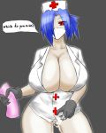 +_+ 1girl artificial_vagina big_breasts blue_hair breasts cleavage coat curvy eyepatch female_ejaculation female_only gigantic_breasts gloves hair_over_one_eye hat holding huge_breasts labcoat mask nurse nurse_cap nurse_uniform ponytail pussy pussy_juice red_eyes simple_background skullgirls solo solo_female surgical_mask text topless_female toy valentine_(skullgirls) wiz-coolhait