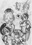 android bare_shoulders big_band_(skullgirls) bird breast_padding breast_poke breasts cerebella_(skullgirls) chinese_clothes eccma417 feathers feng_(skullgirls) hat heart instrument large_breasts monochrome multicolored_hair multiple_girls poking saxophone short_hair skullgirls spoken_heart two-tone_hair vambraces 