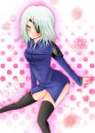 blush bottomless breasts eyepatch female final_fantasy final_fantasy_viii fuujin_(final_fantasy_viii) grey_hair halftone halftone_background pink_eyes pixiv_id_07070815 short_hair solo stockings thigh-highs thighhighs white_background white_hair