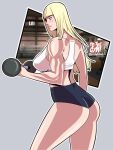  1girl alluring ass athletic_female big_ass big_breasts blonde_female blonde_hair breasts emilie_de_rochefort female_abs female_only fit_female gym_clothes gym_uniform legs lifting_weights lips namco pululito1 solo_female sportswear straight_hair tekken thighs weights working_out 