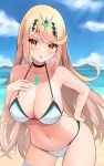 1girl alluring beach big_breasts blue_sky breasts cleavage female_only looking_at_viewer mythra nintendo ocean open_mouth plo1154 xenoblade_(series) xenoblade_chronicles_2