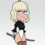 1girl 2b artist_request bare_legs black_and_white_clothing black_clothes black_clothing black_leotard blonde blonde_hair blush clothed clothes clothing cosplay crossover crossover_cosplay disney disney_channel disney_xd female_focus female_only flat_chested freckles gloves green_eyes grin handwear jackie_lynn_thomas legs leotard long_sleeves looking looking_at_viewer nier:_automata nier_(character) nier_(series) nier_replicant sexy short_hair small_breasts smiling_at_viewer solo solo_focus standing star_vs_the_forces_of_evil sword thick_thighs thighs two-tone_leotard two_tone_hair unknown_artist video_game_character video_game_franchise video_games weapon white_clothes white_clothing white_gloves white_handwear white_leotard wide_hips yorha_2b yorha_2b_(cosplay) yorha_no._2_type_b