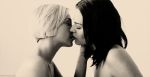  2_girls bare_shoulders closed_eyes female gif hand_on_face kissing lesbian love monochrome multiple_girls nude short_hair tagme topless 