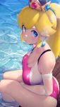  1girl ass big_breasts blonde_hair blue_eyes cleavage clothed clothed_female clothing crown earrings elbow_gloves embarrassed female female_only fully_clothed gloves high_heel_boots hizake human human_only jewelry large_breasts long_hair looking_at_viewer mario_(series) nintendo non-nude one-piece_swimsuit princess_peach sitting solo solo_female solo_focus super_mario_bros. swimsuit thighs water 