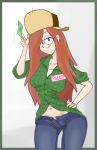 1girl breasts cap curvy earrings echa female_only freckles gravity_falls high_res huge_breasts long_hair money name_tag navel red_hair shirt simple_background solo_female standing very_long_hair wendy_corduroy