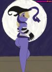  1girl alternate_costume alternative_color ass ass_focus blonde_hair full_moon lab_zero_games leviathan_(skullgirls) pinup purple_skin sienna_contiello skullgirls smile solo_female squigly_(skullgirls) stitched_mouth temperancedraws witch witch_hat yellow_eyes zombie zombie_girl 