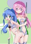  2girls ahoge arm arms art ass babe bare_arms bare_shoulders bent_over big_breasts bikini blue_hair blush breasts choker cleavage closed_umbrella friends green_background green_eyes hair hair_between_eyes hand_holding hand_on_hip happy hips izumi_konata large_breasts legs long_hair looking_at_viewer looking_back lucky_star makacoon multiple_girls navel necklace panties pink_eyes pink_hair ponytail purple_eyes race_queen revealing_clothes small_breasts smile standing star stockings strapless swimsuit takara_miyuki thighhighs thong thong_bikini umbrella underwear vest 