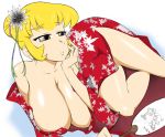  1girl blonde_hair breasts brown_eyes fan freakyplanet hair_ornament huge_breasts japanese_clothes kimono 