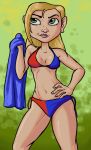 bikini blonde_hair breasts cleavage courtney_babcock green_eyes long_hair paranorman side-tie_bikini towel wet 