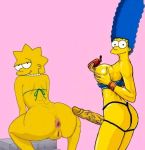 anus blue_hair lisa_simpson lotion marge_simpson mother_and_daughter pearls penis strap-on tagme the_simpsons yellow_skin