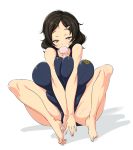  1girl bare_shoulders barefoot black_hair breast_press breasts brown_eyes bubblegum deep_skin feet hair_ornament hairclip huge_breasts knees_up legs looking_at_viewer nekomamire original plump raised_eyebrow shadow short_hair simple_background sitting solo spread_legs swimsuit thick_thighs thighs v_arms white_background 