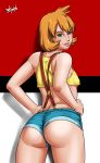 1girl absurdres alluring alternate_hairstyle ass back breasts covered_nipples dengeki!_pikachu denim denim_shorts erect_nipples eyebrows eyelashes female_only from_behind green_eyes gym_leader hands_on_hips highres hips kasumi_(pokemon) large_ass legs lips looking_back misty nintendo no_bra older orange_hair pokemon pokemon_(game) pokemon_gsc pokemon_rgby radprofile_(artist) ramiro_de_la_cruz round_ass shirt short short_hair short_shorts shorts sideboob small_breasts smile solo suspenders underboob