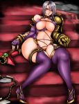  1041_(toshikazu) 1girl alluring blue_eyes breasts cleavage full_body gauntlets high_heels huge_breasts isabella_valentine looking_at_viewer navel revealing_clothes short_hair silver_hair sitting soul_calibur soulcalibur_iv sword thick_thighs thighhighs thighs under_boob weapon whip whip_sword wide_hips 