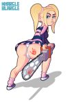  ass blonde_hair blue_eyes chainsaw cosplay courtney_babcock ear_rings freckles funny lollipop_chainsaw looking_back paranorman twin_tails weapon whargleblargle wide_hips 