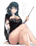 1girl ass bare_legs being_watched big_breasts black_panties byleth_(female) byleth_(fire_emblem) byleth_(fire_emblem)_(female) cleavage crossed_legs fire_emblem fire_emblem:_three_houses j@ck low_cut_top nintendo nosebleed panties question smile tagme teal_hair thick_thighs thighs