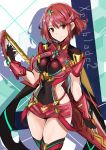 1girl alluring bangs black_gloves blush breasts earrings fingerless_gloves gloves head_tilt heroine holding holding_sword holding_weapon jewelry large_breasts looking_at_viewer nintendo pyra red_eyes red_hair short_hair short_shorts shorts sidelocks skindentation smile swept_bangs sword thighhighs thighs weapon wrist_guards xenoblade xenoblade_(series) xenoblade_chronicles_2