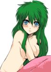  1girl bad_id bangs blue_eyes blush breasts covering covering_breasts expressionless ganbare_goemon green_hair kca large_breasts long_hair looking_at_viewer mermaid monster_girl nude scales simple_background sitting solo topless white_background yae yae_(ganbare_goemon) 