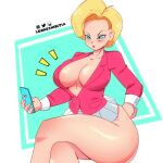  1girl 1girl 1girl android_18 anime_milf big_breasts big_breasts blonde_hair blue_eyes breasts cleavage clothed_female crossed_legs dragon_ball dragon_ball_z female_focus female_only high_res high_res lunaexhabbitix mature mature_female milf phone short_hair skirt solo_female solo_focus thick_thighs thighs wide_hips 
