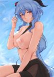  1girl absurd_res big_breasts blue_hair breasts bubble female_focus female_only ganyu_(genshin_impact) genshin_impact high_res horns long_hair looking_at_viewer sitting solo_female solo_focus thighs video_game_character video_game_franchise zon-leesean 