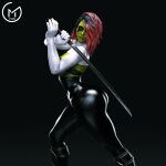 1:1 1:1_aspect_ratio 1girl 3d alien alien_girl ass big_ass big_breasts black_hair breasts clothed_female female_focus female_only gamora gm_studios green_skin guardians_of_the_galaxy high_res large_ass marvel multicolored_hair pants pink_eyes pose red_hair short_hair skin_tight solo_female solo_focus sword video_game_character weapon