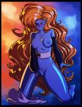 alien belt big_breasts blue_skin blush breasts carbonoid dragon_ball dragon_ball_z ear_piercing female fingering hair kneeling long_hair masturbation necklace nipples nude piercing pointy_ears pussy_juice red_hair smile solo thick_thighs undressing zangya 