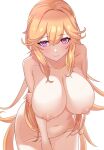  1girl 1girl 1girl areola arm_at_side arm_under_breasts arms_under_breasts azur_lane big_breasts blonde_hair blush breast_hold breasts clavicle cowboy_shot hair_between_eyes high_resolution long_hair looking_at_viewer navel nipples nude puffy_areolae purple_eyes richelieu_(azur_lane) sidelocks simple_background smile viewed_from_above white_background zukanosuke 