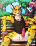 barbs bench beverage bottomless chest_tuft clothing cute duo eltigero_(commissioner) erection exhibitionism feline furry gazelle horn licking licking_lips looking_at_viewer lynx male necklace ookami-kun original outside penis public shirt sitting spread_legs spreading surprise tank_top testicles tiger tongue tongue_out tuft