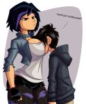  1girl 1male big_breasts big_hero_6 black_hair breasts brown_eyes cleavage clothing disney eyelashes eyeshadow face_in_breasts fingerless_gloves gogo_tomago head_between_breasts hiro_hamada hourglass_figure jacket male marvel marvel_comics pantyhose purple_hair ravenravenraven short_hair short_shorts size_difference sleeves_rolled_up smaller_male standing t-shirt two_tone_hair wide_hips 