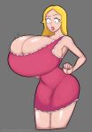  1girl american_dad armpits big_breasts blonde_hair blush breasts cleavage dress female_only francine_smith grey_background huge_breasts massive_breasts simple_background solo_female thin_arms zetaskully 
