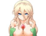  1girl bangs blonde_hair blue_eyes breasts censored collarbone expressionless gloves hands_on_own_chest large_breasts long_hair looking_at_viewer micaela_(mon-musu_quest!) mon-musu_quest! nipples nude paizuri penis pointy_ears pov pov_eye_contact shiny shiny_hair sidelocks simple_background solo_focus transparent_background white_background 