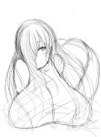  1girl bent_over breast_rest breasts female hair_over_one_eye high_res highres huge_breasts long_hair monochrome original simple_background sketch solo tensai427 white_background 