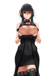  1girl 1girl 1girl big_breasts black_dress black_gloves black_legwear braid breasts breasts_out_of_clothes choker clothes_pull clothing cowboy_shot dress dress_pull fingerless_gloves flashing gloves hair_bun hair_ornament hairband half-closed_eyes high_resolution legwear looking_at_viewer mikame_v2 nipples red_eyes rose_hair_ornament shaded_face sidelocks simple_background smile spy_x_family stockings tied_hair white_background yor_briar 