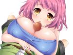  1girl bare_shoulders belt blush breast_hold breasts censored covered_nipples erect_nipples highres huge_breasts looking_at_viewer lying open_mouth paizuri penis pink_hair saboten short_hair simple_background transparent_background yellow_eyes 