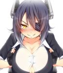  1girl black_hair blush breasts cleavage eyepatch fingerless_gloves gloves grin headgear huge_breasts kantai_collection large_breasts looking_at_viewer paizuri paizuri_under_clothes personification short_hair smile solo tenryuu_(kantai_collection) tori_(minamopa) yellow_eyes 