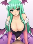 bad_id bare_shoulders bat_print breasts capcom censored cleavage covered_nipples elbow_gloves erect_nipples gloves green_eyes green_hair head_wings hetero huge_breasts kiteimasu long_hair male_pubic_hair morrigan_aensland pantyhose pixiv_id_81089991 print_legwear print_pantyhose pubic_hair sex smile solo_focus torn_clothes torn_pantyhose vaginal vampire_(game) white_background wings