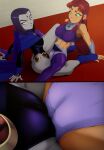  1girl 2_girls belt big_breasts cameltoe cape clothed_sex dc_comics exposed_panties female_only green_eyes grey_skin huge_breasts leotard midriff purple_eyes purple_hair raven_(dc) ravenravenraven red_hair scissoring sex sexy spread_legs starfire teen_titans tribadism yuri 