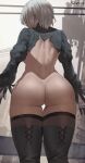 1girl android artist_name ass backless_outfit black_legwear clothing curvaceous curves dress female_only female_solo from_behind hairband high_resolution huge_ass ladder legwear leotard nier:_automata nier_(series) nopan open-back_dress paid_reward patreon_reward shexyo short_hair signature skindentation stockings thick_thighs thighs very_high_resolution white_hair yorha_2b yorha_no._2_type_b