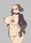 1girl anthro big_breasts breasts canid canine clothed clothing curvaceous exposed_breasts eyewear furry huge_breasts looking_at_viewer mammal miss_dagger nipples open_shirt original panties smile standing starfighter sunglasses underwear wide_hips