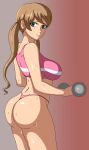  1girl alluring athletic_female bikini brown_hair dumbbell fit_female green_eyes gundam_tekketsu_no_orphans heart_shape_earrings lafter_frankland lafxia sweat working_out workout 