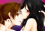  2girls artist_request black_hair blush breath brown_eyes brown_hair dated female female_only hair hair_grab half-closed_eyes hand_on_head hugging incipient_kiss long_hair looking_at_viewer love moaning multiple_girls nude open_mouth ponytail serious sex yuri 