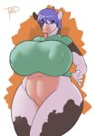  anthro big_breasts blue_eyes blue_hair bottomless bovine breasts cattle chubby erect_nipples female freckles_(artist) hair huge_breasts navel nipples tongue tongue_out 