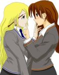  2girls artist_request blonde_hair blush brown_eyes brown_hair earrings eye_contact female female_only finger_in_mouth grey_eyes hair_stick long_hair long_sleeves looking_at_another love multiple_girls neck_tie necktie school_uniform simple_background smile sweater tagme white_background yuri 