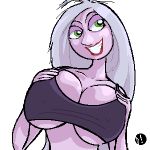  big_breasts breast_grab breasts collarbone d! disney green_eyes hair long_hair madam_mim purple_hair teeth the_sword_in_the_stone white_background whore witch 