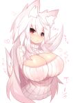  1girl animal_ear_fluff animal_ears arms_behind_back big_breasts blush breasts brown_eyes cleavage cleavage_cutout clothing_cutout covered_erect_nipples cute fox_ears fox_tail heart heart-shaped_pupils highres huge_breasts inverted_nipples long_hair looking_at_viewer mamuru meme_attire nipples open-chest_sweater oppai original ribbed_sweater simple_background solo sweater symbol-shaped_pupils tail turtleneck white_background white_hair 