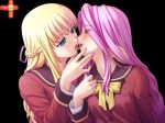  2_girls amishiro_anna black_background blonde_hair blue_eyes blush braid eye_contact female french_kiss friends game_cg hand_on_another&#039;s_face kanojo_to_kanojo_to_watashi_no_nananichi kissing long_hair looking_at_another love multiple_girls open_mouth purple_hair ribbon school_uniform tongue yellow_eyes yuri 